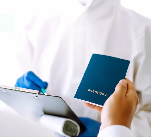 Medical professional holding a passport and clipboard