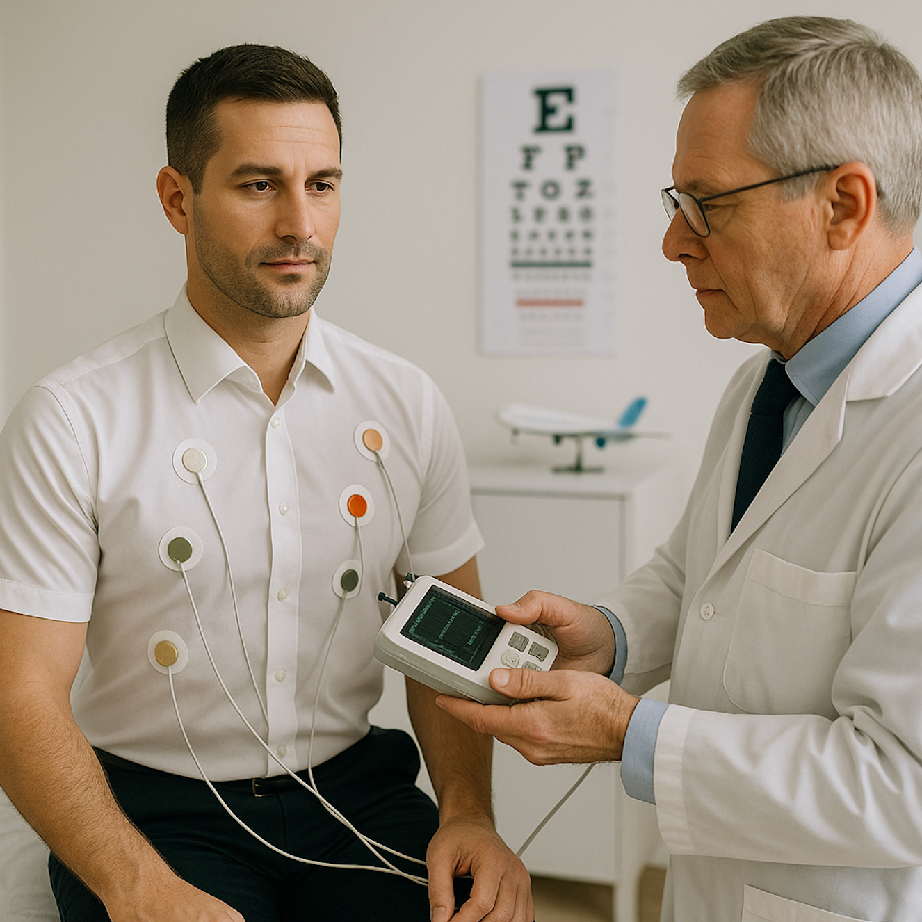 Doctor performing EKG test on male patient during aviation medical exam – First Class Flight Physical with EKG