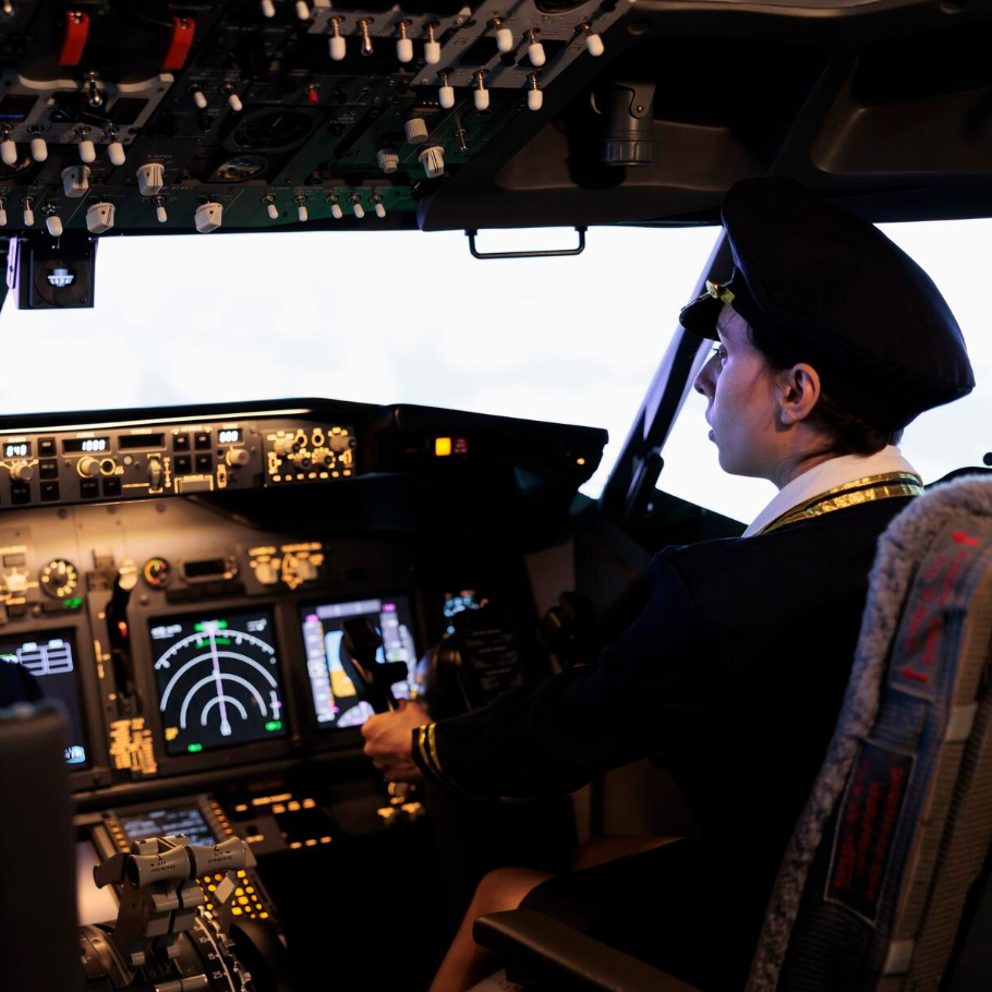 Pilot’s hand on aircraft controls in cockpit during flight – First Class Flight Physical without EKG