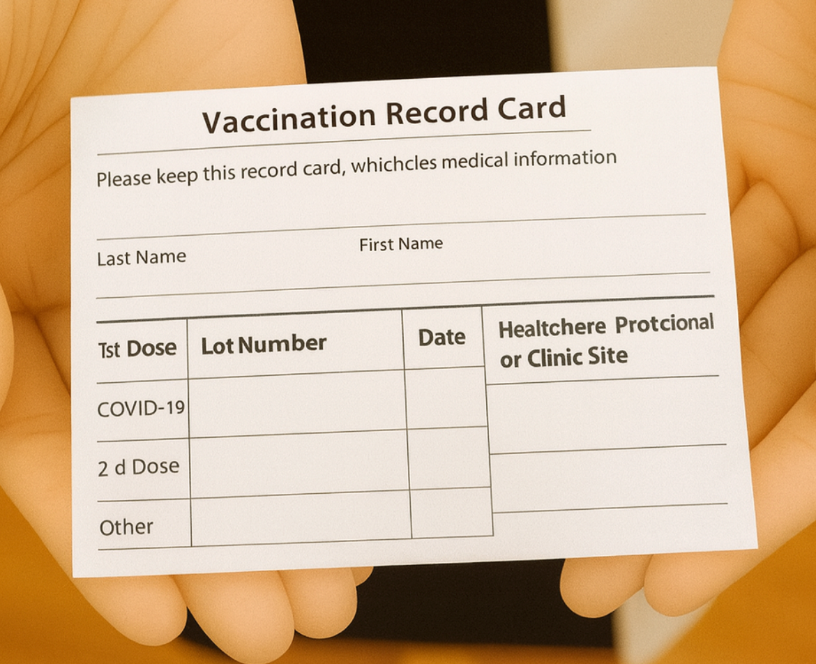 Hands holding a vaccination record card for USCIS Immigration Medical Exam