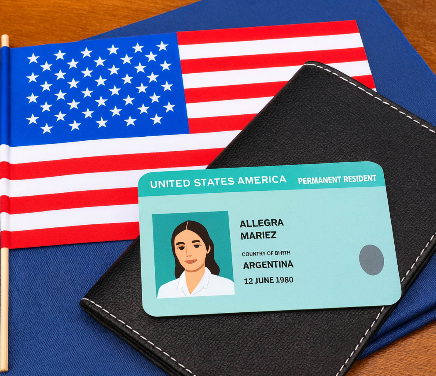 Hand holding a U.S. Permanent Resident Green Card with American flag and Statue of Liberty in background