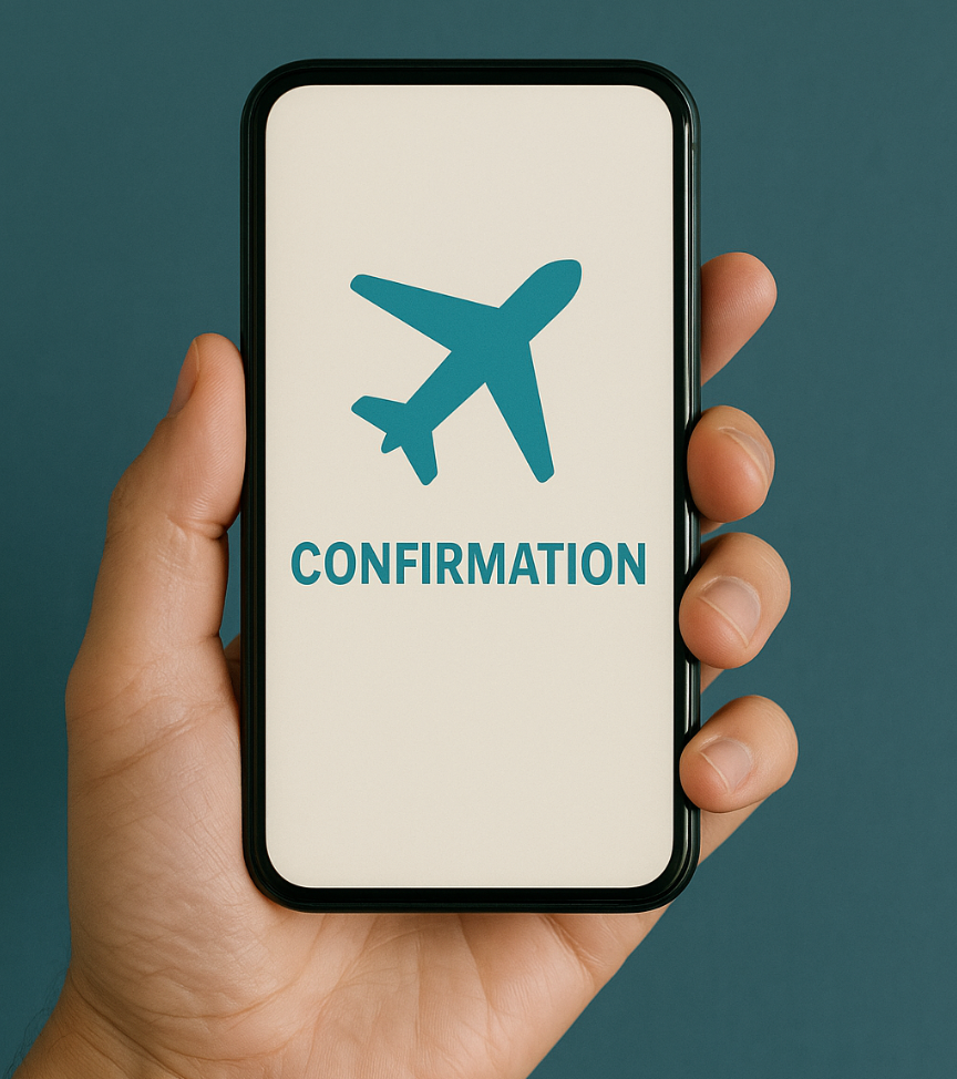 Hand holding a smartphone displaying an airplane icon and the word confirmation