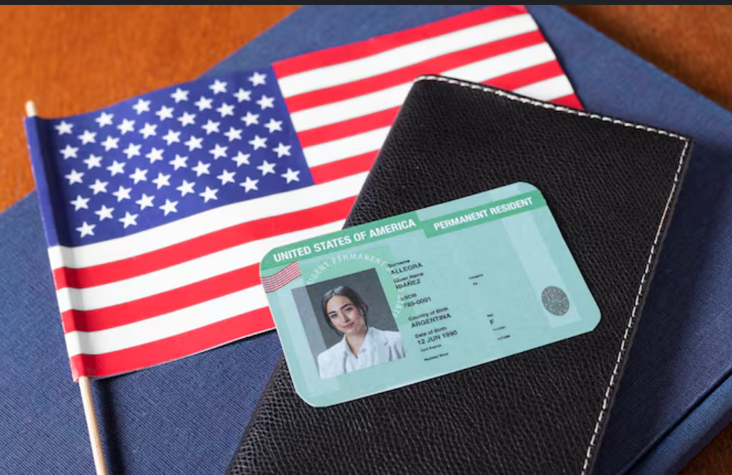 United States permanent resident card and American flag in background