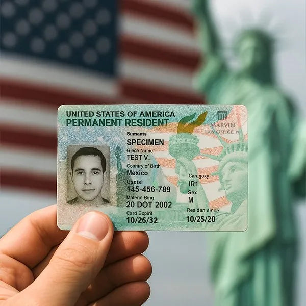 Hand holding a U.S. Permanent Resident Green Card with American flag and Statue of Liberty in background
